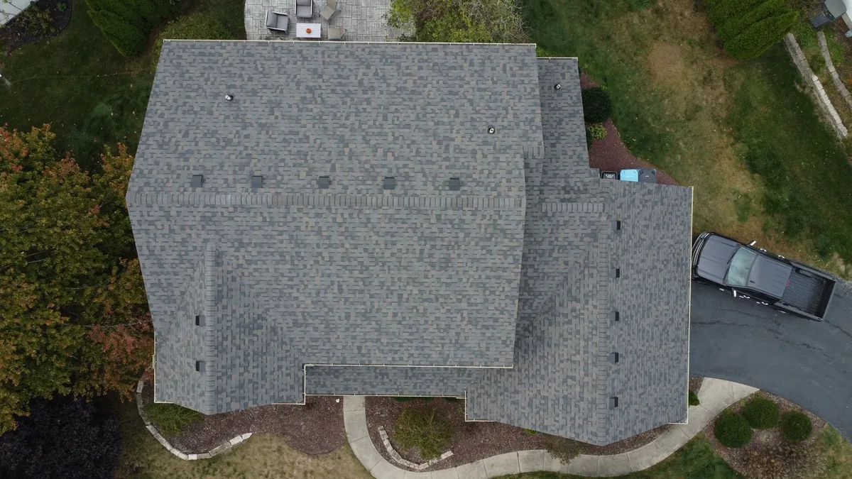Aerial view of residential rooftops in a Bowling Green, Ohio neighborhood